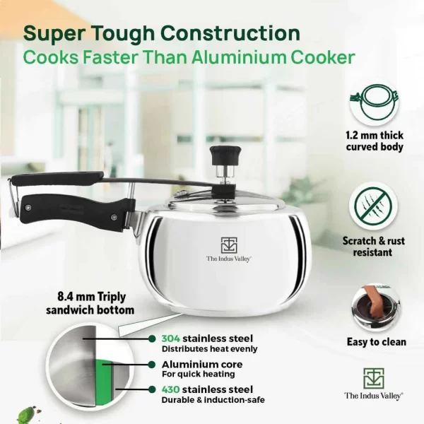 Premium Stainless Steel Inner Lid Pressure Cooker with Triply Sandwich Bottom, 3/5L, Induction Base - Image 2