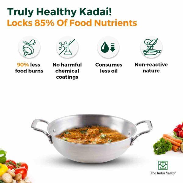 Triply Premium Stainless Steel Kadai/Kadhai - 3 Layer 3mm Thick Body, Induction Base,1.7/2.7/4 Litre - Image 4